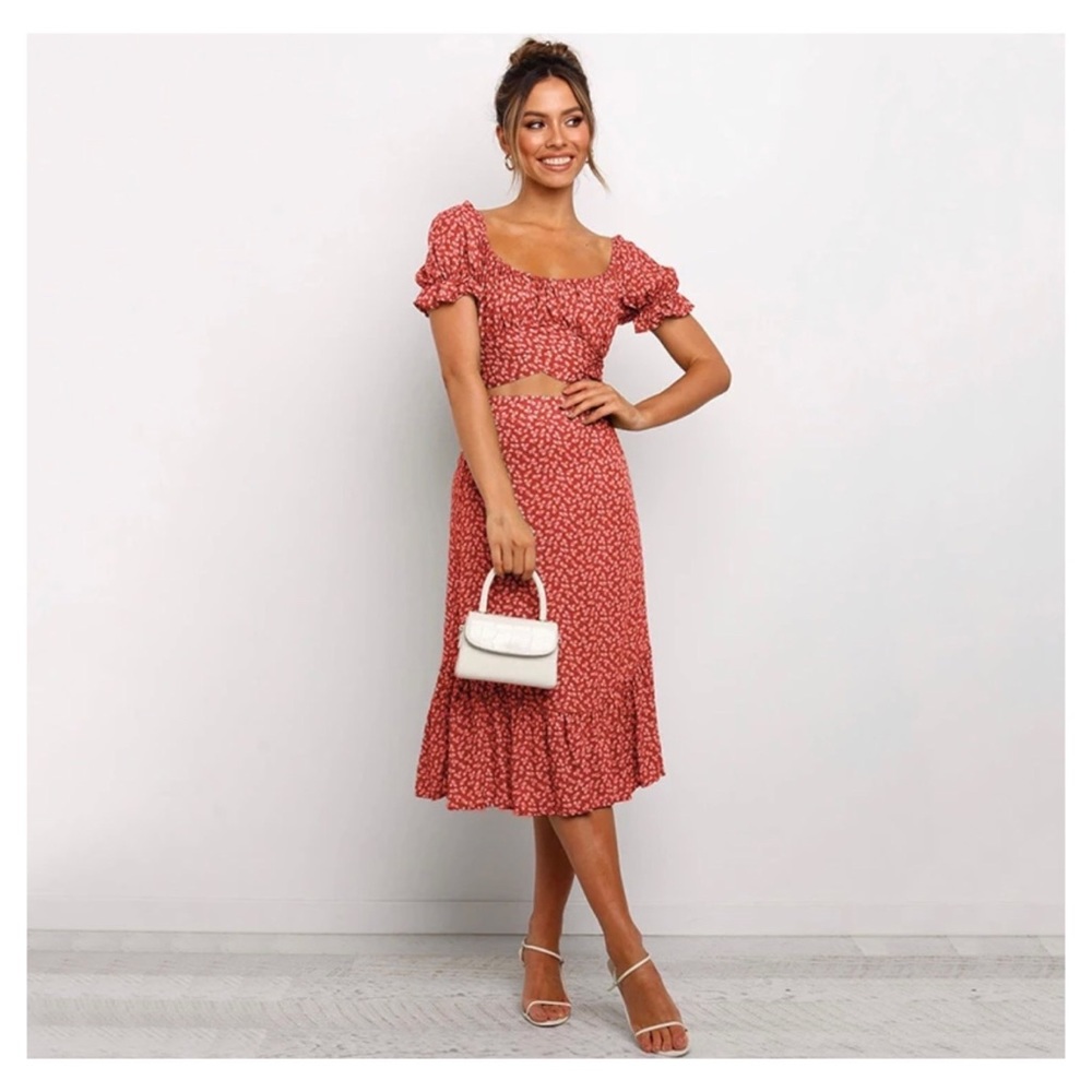 Rory 2-Piece Crop Top and Midi Skirt in Red